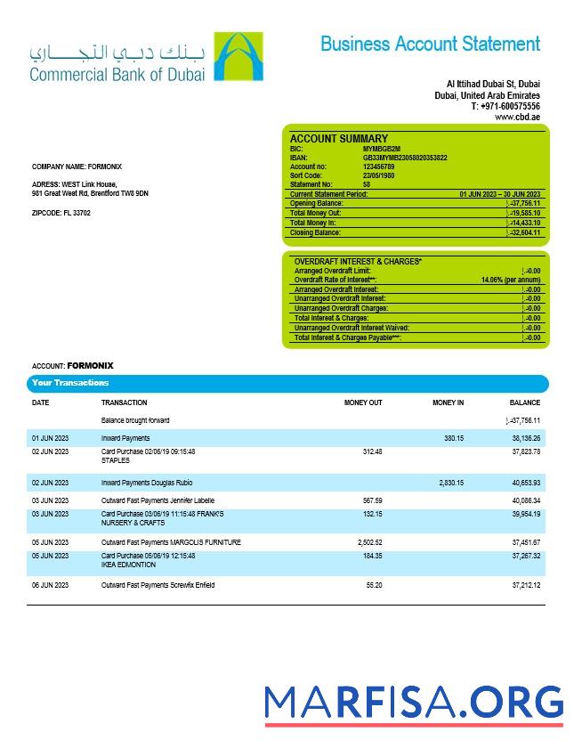 Realistic Commercial Bank of Dubai company checking account statement Word and PDF template